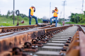 Railway Workers Performing Track Maintenance - Safety Inspection, Rail Infrastructure, Transport...