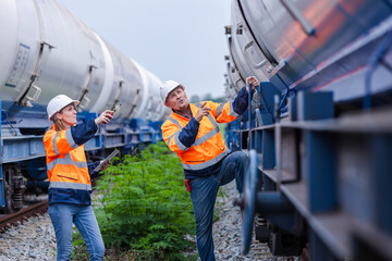 Engineers Inspecting Cargo Rail Tanker for Safety Compliance - Industrial Railway Operations,...