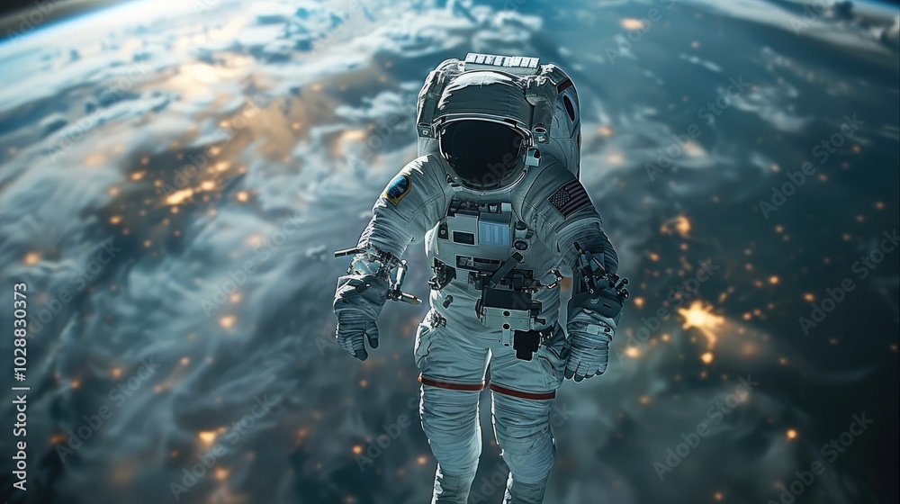 Poster a space astronaut, in the environment of outer space.