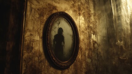 A beautifully crafted mirror shows an ominous reflection of a figure, casting a supernatural and unsettling mood.