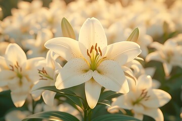 Fototapeta premium Lilies in the morning light: elegance and grace A peaceful depiction of colorful lilies blooming in the soft morning light, creating a serene atmosphere.