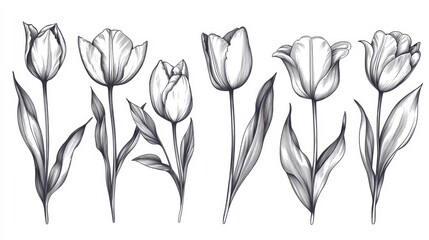 A set of tulips and leaves in a tattoo design, with slender petals and detailed engraving in black and white, mimicking scratchboard aesthetics.