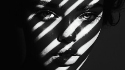 Artistic black and white close-up of a woman, her features partially obscured by shadow stripes, creating a sense of abstraction and depth.