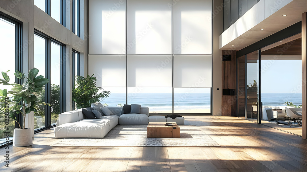 Sticker Modern living room with ocean view and natural light.