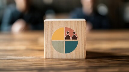 A wooden block with a pie chart icon, linked to human icons, representing customer analysis, data exchanges, and customer-centric service improvements.