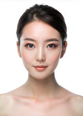 Fototapeta premium Beautiful young asian woman with clean and fresh skin isolated on white background, Face care, Facial treatment concept