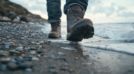 Close-up of a man's boots walking over damp sand and pebbles along a coastal biome, with waves gently washing up near his feet, leaving wet footprints behind.
