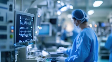 Fototapeta premium A doctor is working in a hospital room with a monitor displaying an EKG