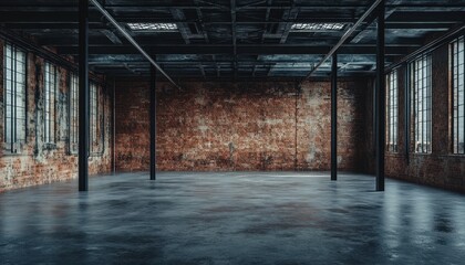 Empty industrial loft with brick walls and concrete floors in an old warehouse