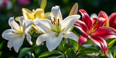 Fototapeta premium Lilies in the morning light: elegance and grace A peaceful depiction of colorful lilies blooming in the soft morning light, creating a serene atmosphere.