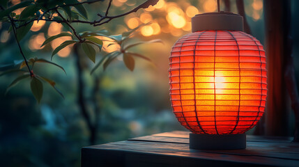 a red Chinese paper lantern on a wooden surface in the yard.