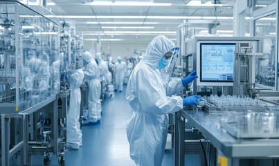 Naklejka premium Factory worker in protective suit operates machinery.