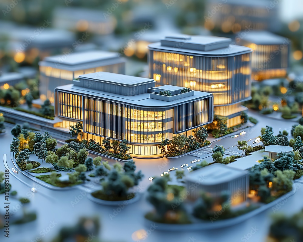 Fototapete 3d rendering of a modern business park development project, featuring an intricate architectural sca