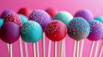 Brightly colored cake pops in vibrant red, purple, and turquoise, set against a pink background, adding a fun and playful element to any dessert table.