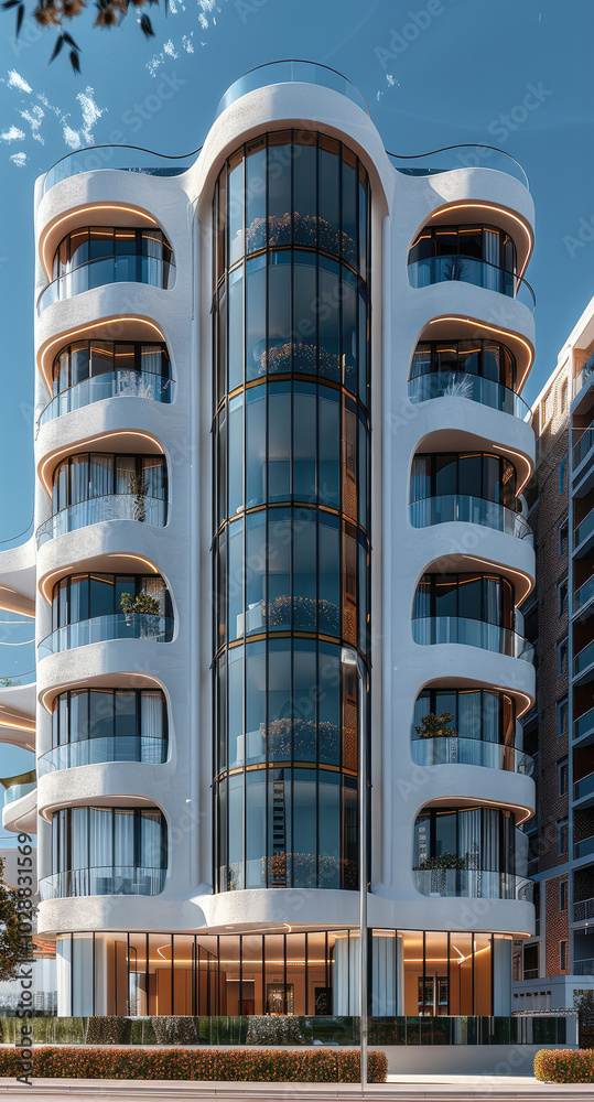Poster A sleek 8-floor tower. The design features box-like structures on the top floors that create a floating effect, The facade is adorned with arched balconies, windows, minimalistic yet impactful.