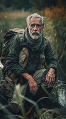 Obraz premium A man with a beard and gray hair is sitting on a rock near a body of water