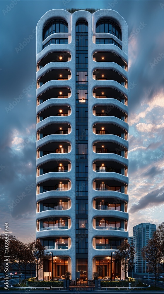 Poster a sleek 8-floor tower. the design features box-like structures on the top floors that create a float