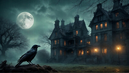 Fototapeta premium Raven at a Gothic Mansion at Midnight