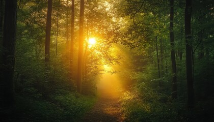 Obraz premium Serene sunrise in a lush forest path surrounded by vibrant greenery