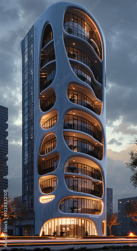 Poster a sleek 8-floor tower. the design features box-like structures on the top floors that create a float