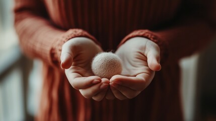 Close-up of a woman's hands gently holding a tiny baby rattle indoors, symb