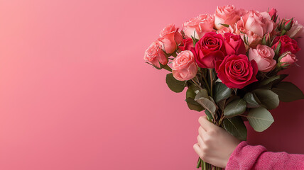 Rose Day. Photograph of a person holding a bouquet of roses on a pink background