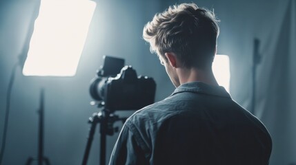 A white male photographer with salt-and-pepper hair, setting up for a fashion shoot in a brightly lit studio.