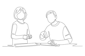 Grandchildren and Grandpa Make Cakes. Baking with grandparents concept one-line drawing