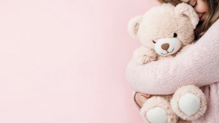 Photograph of a person hugging a teddy bear on a soft pastel pink background