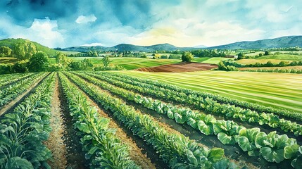 Naklejka premium Vibrant landscape of vegetable fields with lush greenery and distant hills under a colorful sky, showcasing agricultural beauty.