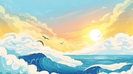 blue sky, bright sun and waves on the ocean, sea wallpaper, travel background