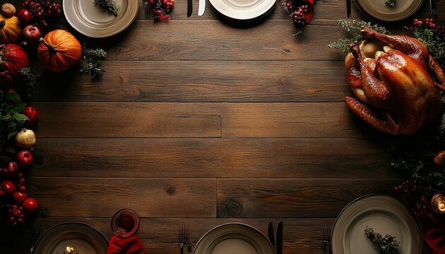 Thanksgiving turkey surrounded by autumn decorations on a rustic wooden table