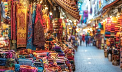 Obraz premium Colorful fabrics for sale in a bustling market.