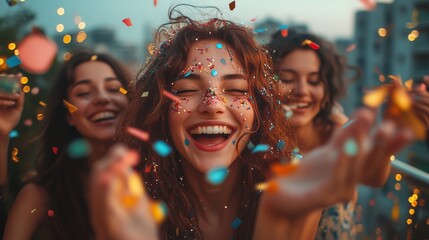 Obraz premium group of friends is having fun at the rooftop party, blowing confetti and laughing together on an urban balcony with cityscape views