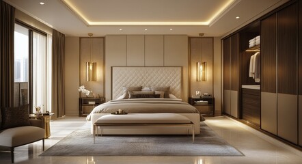 Fototapeta premium Elegant modern bedroom design with neutral tones, soft lighting, and stylish furnishings