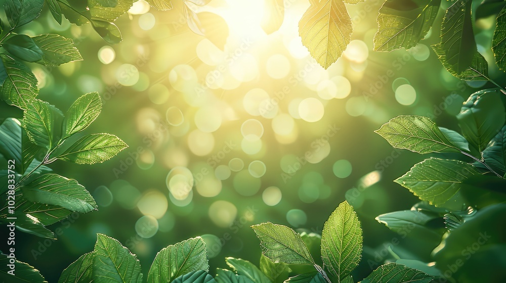 Poster spring background with green leaves and sun rays, with copy space. green spring nature with sunlight