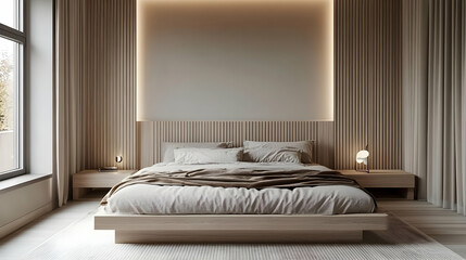 Modern bedroom featuring a minimalist design with neutral tones.