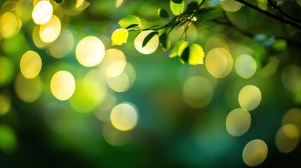 Fototapeta premium Green Leaves on a Branch with Bright Blurry Lights in the Background