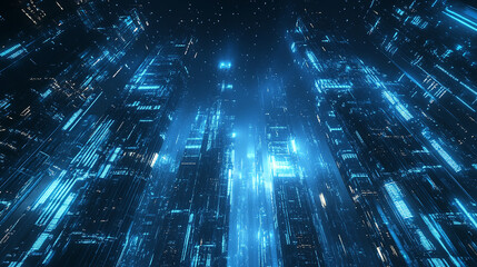 Obraz premium Blue futuristic cityscape with glowing buildings