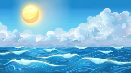 blue sky, bright sun and waves on the ocean, sea wallpaper, travel background
