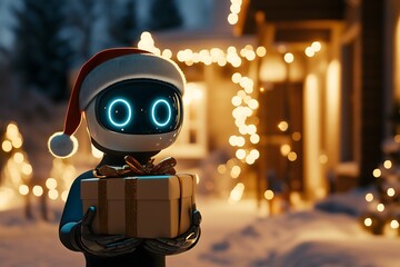 cute robot in santa hat delivering christmas present at night in snowy winter scene