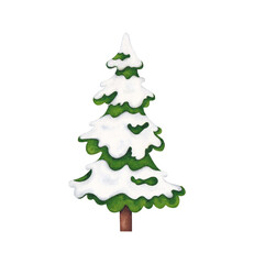 Christmas tree covered snow. Watercolor hand drawn winter illustration isolated on a white background.