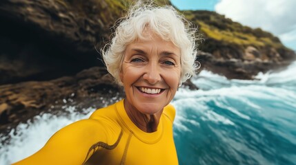 Senior woman bodyboarding in the ocean, challenging age stereotypes in extreme sports. Empowerment, adventure, and inclusivity in surfing culture.