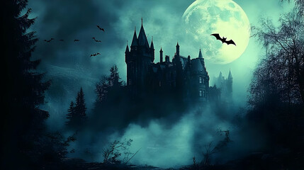 A haunted castle under a full moon with bats and misty surroundings.