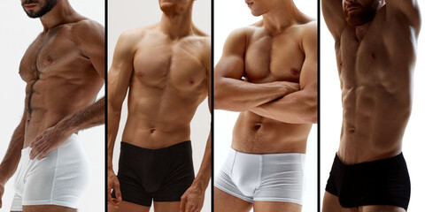 collection of athletic men in underwear, each standing confidently, showcasing their fit, toned bodies and fashion. Concept of fitness, bodybuilding, body aesthetic, style. AD