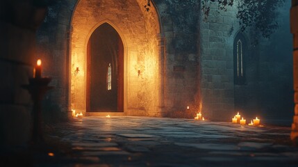 An empty scene featuring a church's grand, open doorway framed by arching stone, with warm candlelight spilling out onto the path below, creating an ideal