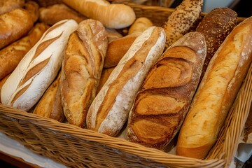 various delicious french bread in basket at cafe