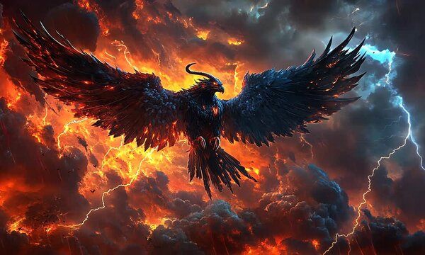 A fiery phoenix soars through stormy skies with lightning flashing around it.