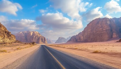 Adventure awaits on an empty asphalt road through a scenic desert landscape
