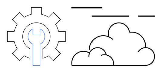 Black line drawing with gear and wrench on left cloud on right. Minimalist style. Ideal for cloud computing, data storage, technical support, software services, and online maintenance